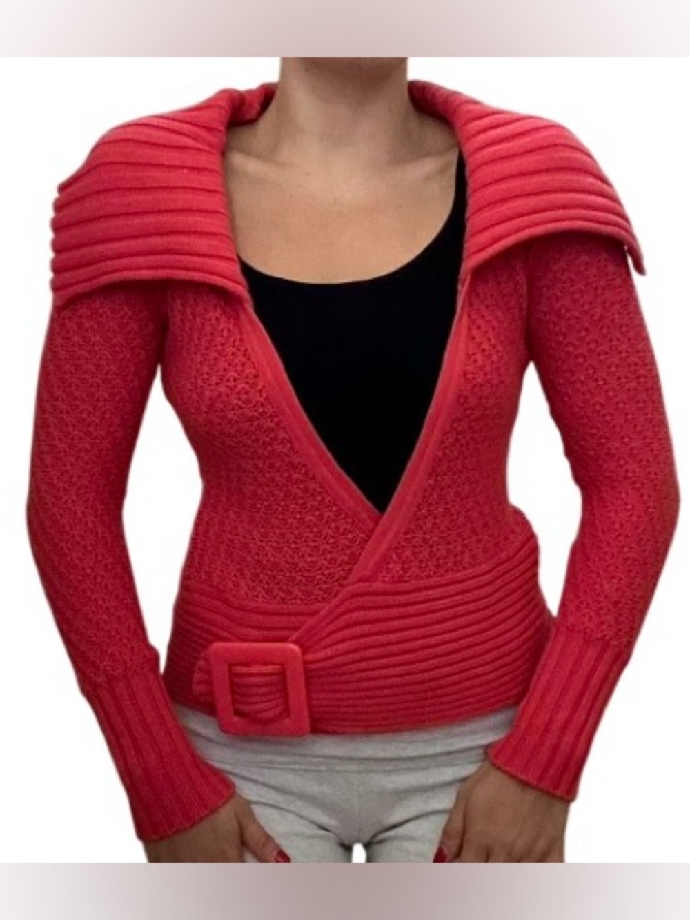 Cache Coral Open Wrap Knit Cardigan W/Buckle Detail Sz S
